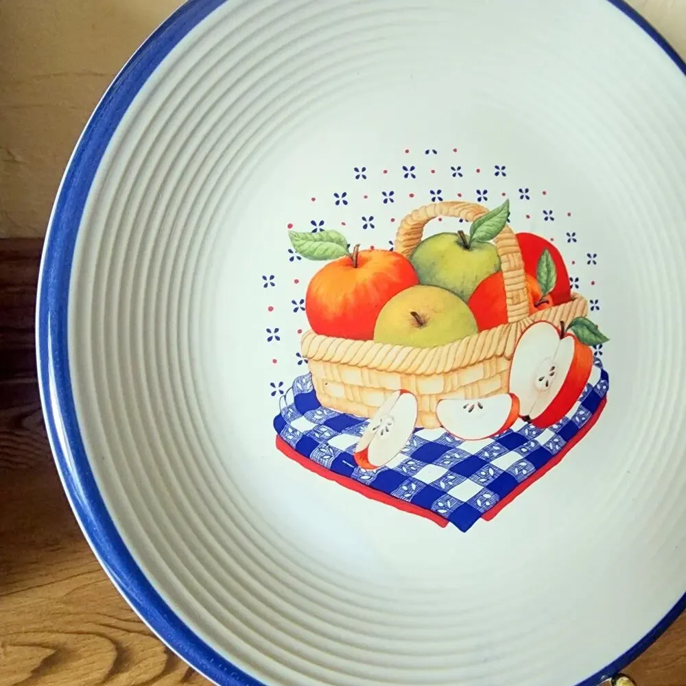 Century Stoneware Apple Basket Dinner Plate 11 Inches Picnic White Blue Red